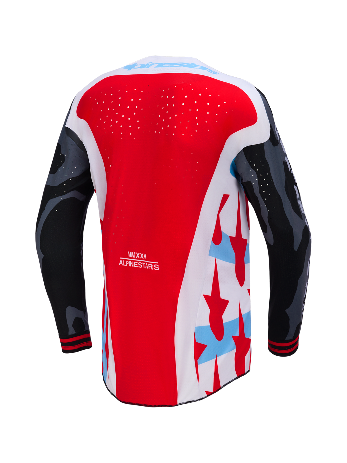 Maglia Techstar Beast Coast Edizione Limitata rossa e bianca, retro traforato e maniche camo, abbigliamento motocross.