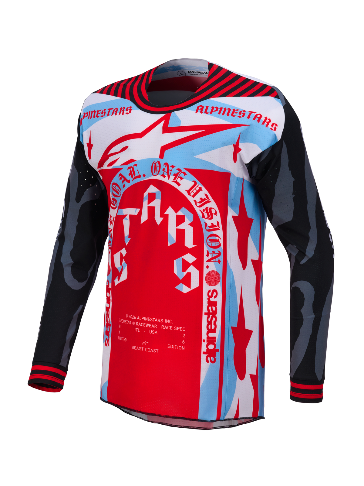 Maglia Techstar Beast Coast Edizione Limitata Alpinestars, grafica rossa e azzurra con fori laser, per il motocross.