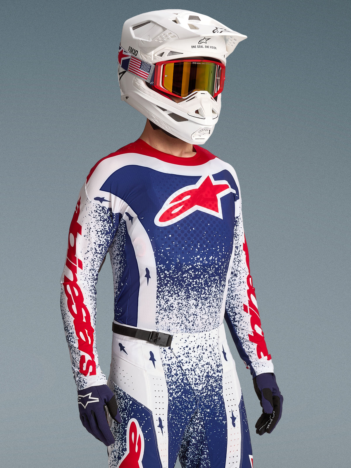 Alpinestars Techstar Unity maglia limited edition, maglia motocross rossa e blu con design splatter, racing da uomo.