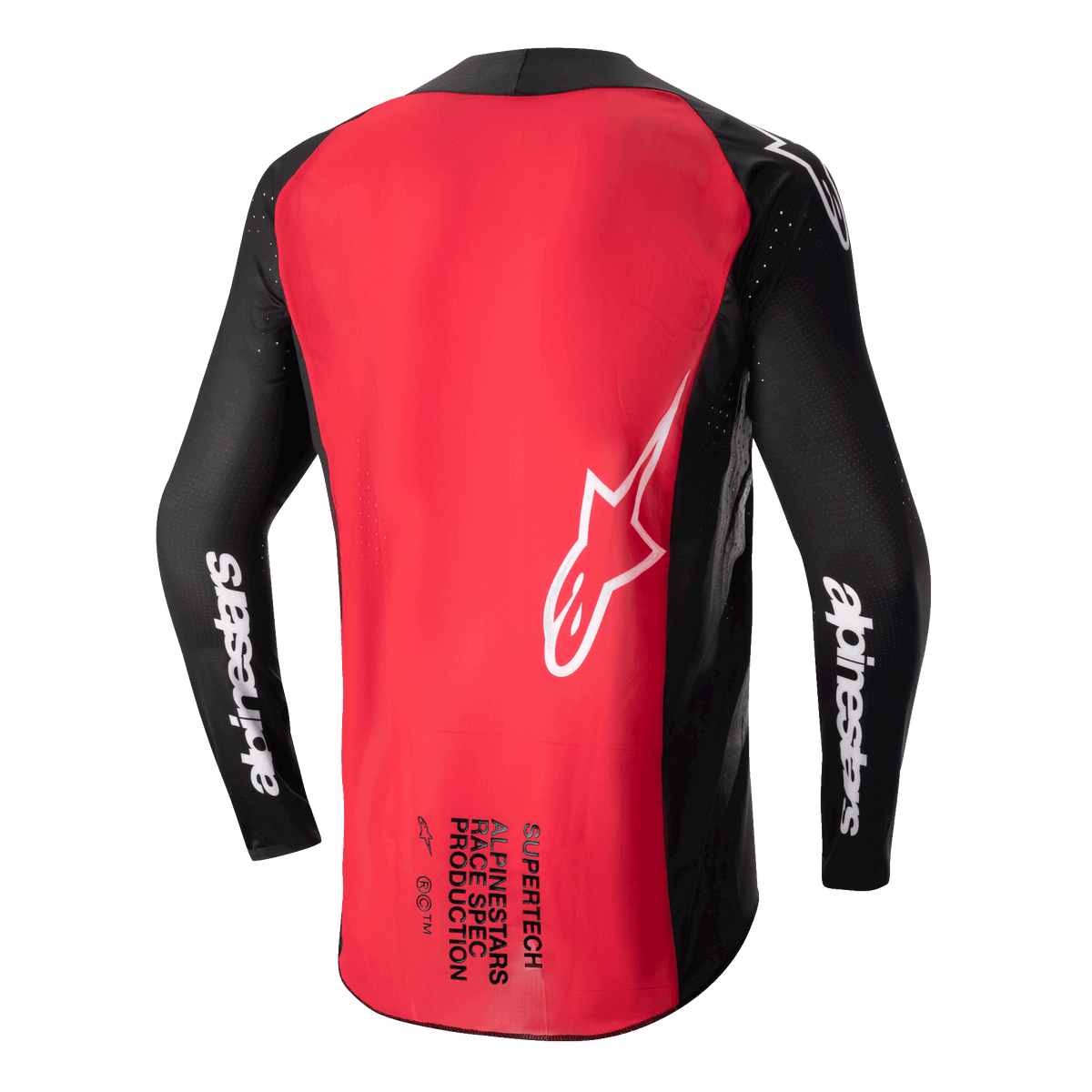 Alpinestars Supertech Ward Jersey 2024, maglia da motocross, nero e rosso berry, vista posteriore con un ampio pannello rosso, maniche in rete nera con marchio Alpinestars bianco, logo a stella bianco e scritta Supertech Race Spec sulla parte inferiore della schiena