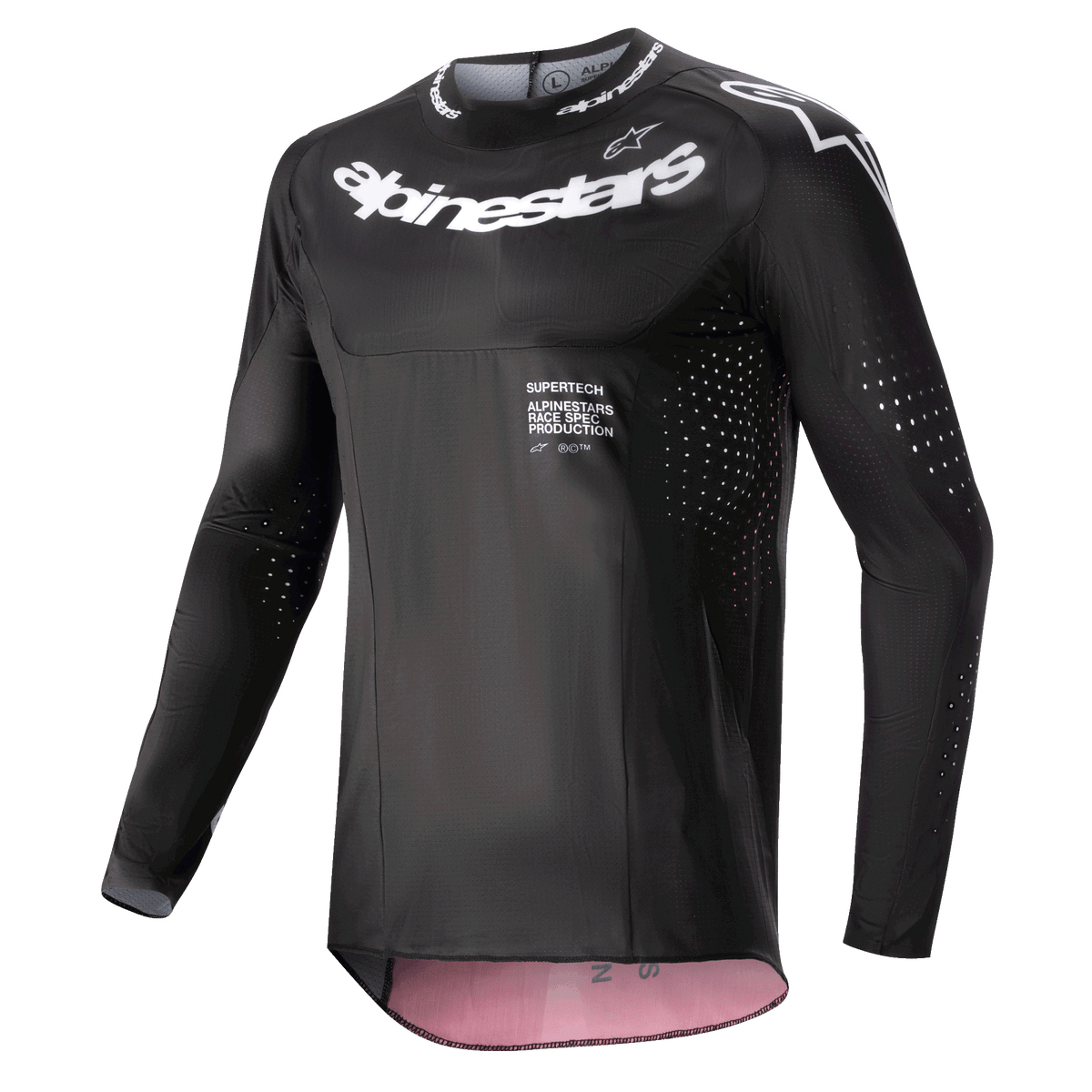 Alpinestars 2024 Supertech Ward Jersey, maglia da motocross, nero e Red Berry, con loghi Alpinestars bianchi sul petto e sul colletto, perforazioni per la ventilazione tagliate al laser su maniche e fianchi, vestibilità race fit ad alte prestazioni e accenti interni color Red Berry.