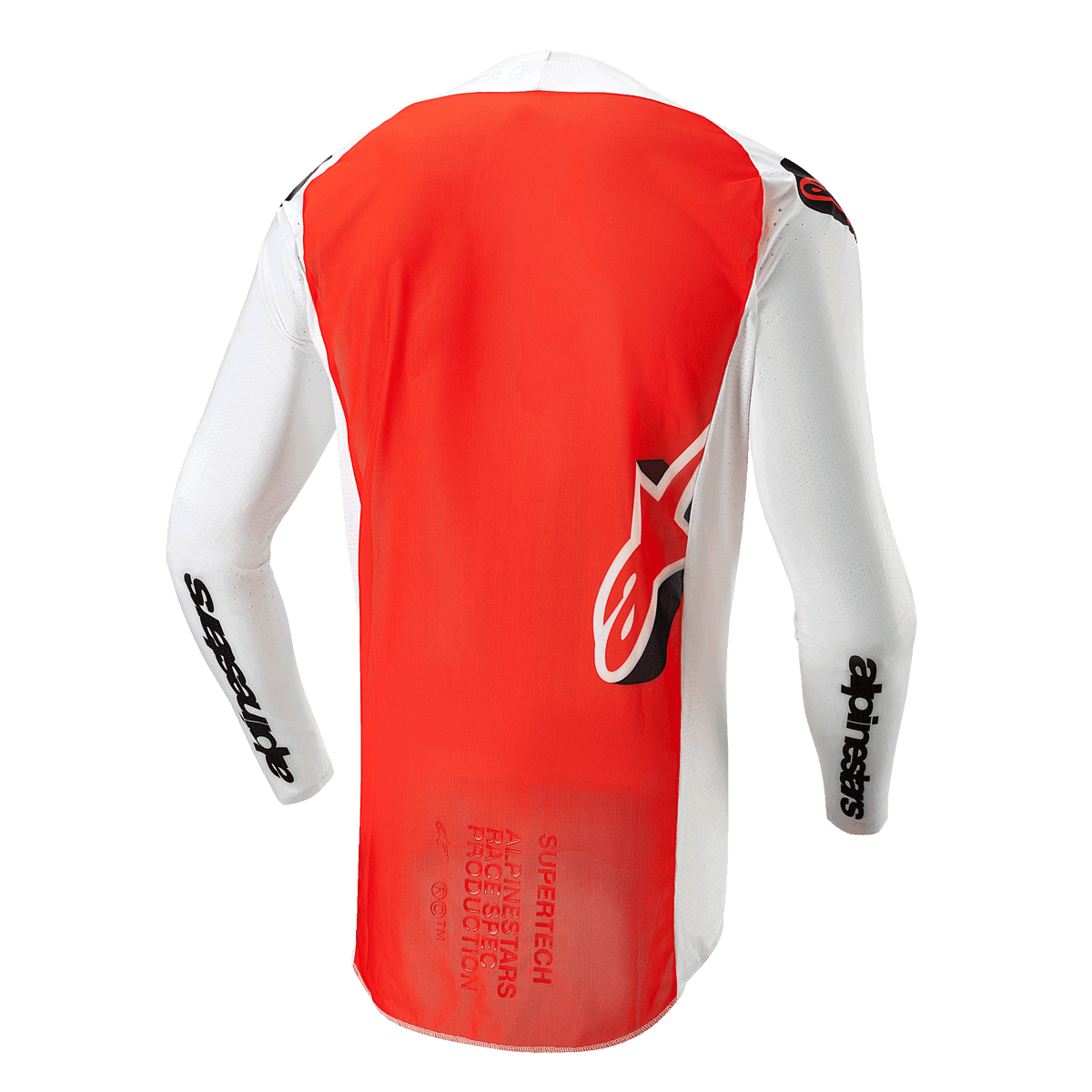 Maglia Alpinestars Supertech Ward 2024, vista posteriore, bianco e arancione vivace, ampio pannello centrale arancione, maniche e pannelli laterali bianchi con branding Alpinestars nero, logo Astar sulla parte bassa della schiena, costruzione in mesh professionale per motocross.