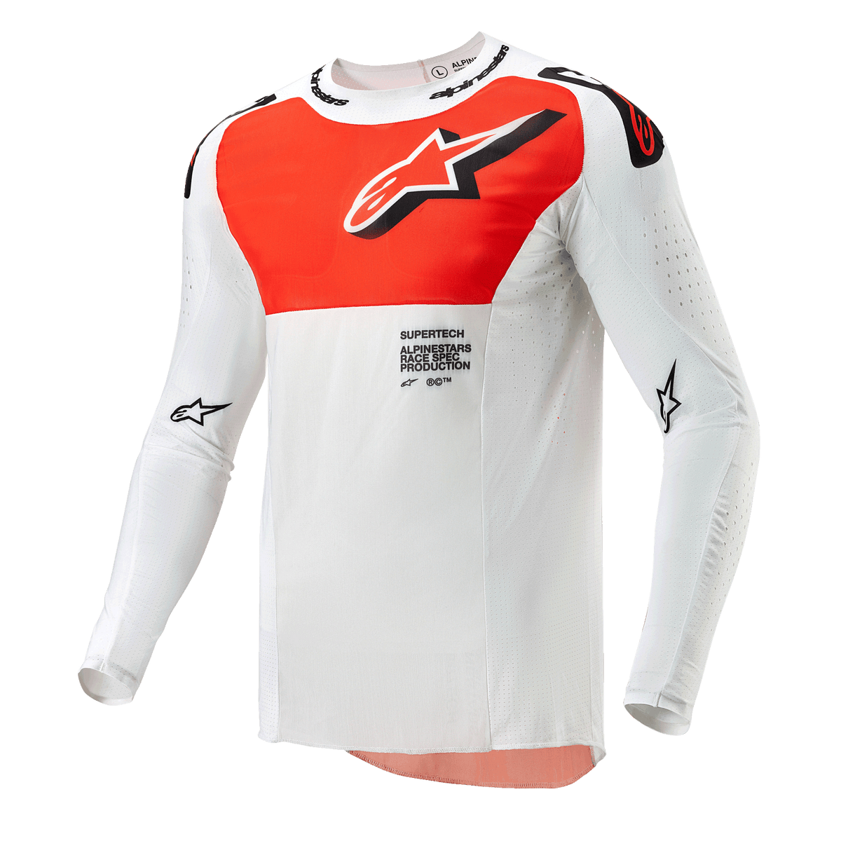 Maglia Alpinestars Supertech Ward 2024, maglia da motocross, bianco e arancione acceso, capo tecnico a maniche lunghe con una grande grafica arancione sul petto, logo a stella e costruzione traforata traspirante per corse fuoristrada