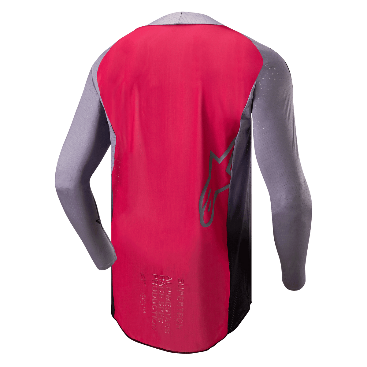 Maglia Alpinestars Supertech Dade 2024, maglia da motocross, rosso berry e grigio, vista posteriore con costruzione in rete traspirante, profilo del logo a stella e branding professionale race-spec