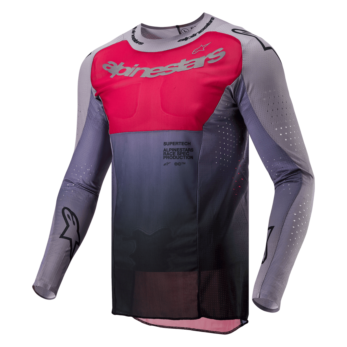Alpinestars 2024 Supertech Dade Jersey, maglia da motocross, Iron Red Berry e grigio, con un vivace pannello rosso sul petto e logo argento, sfumatura grigio scuro in vita, perforazioni tagliate al laser su maniche e fianchi e design con vestibilità atletica da gara.