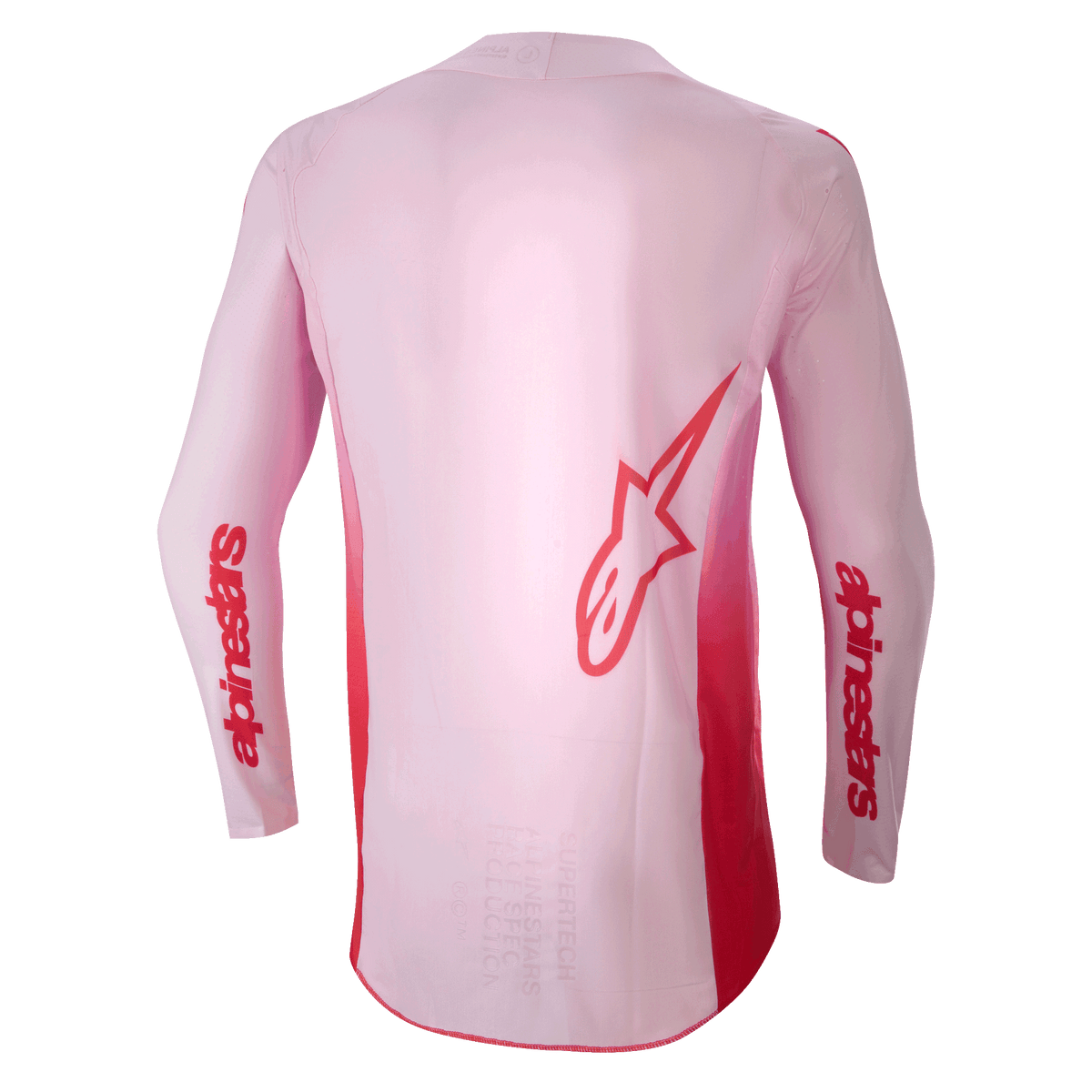 Alpinestars Maglia Supertech Dade 2024, maglia da motocross, Red Berry Lilac, vista posteriore con grande logo Astar rosso sul retro e marchio Alpinestars rosso sulle maniche, struttura in mesh elasticizzato leggero con pannello posteriore allungato per prestazioni off-road