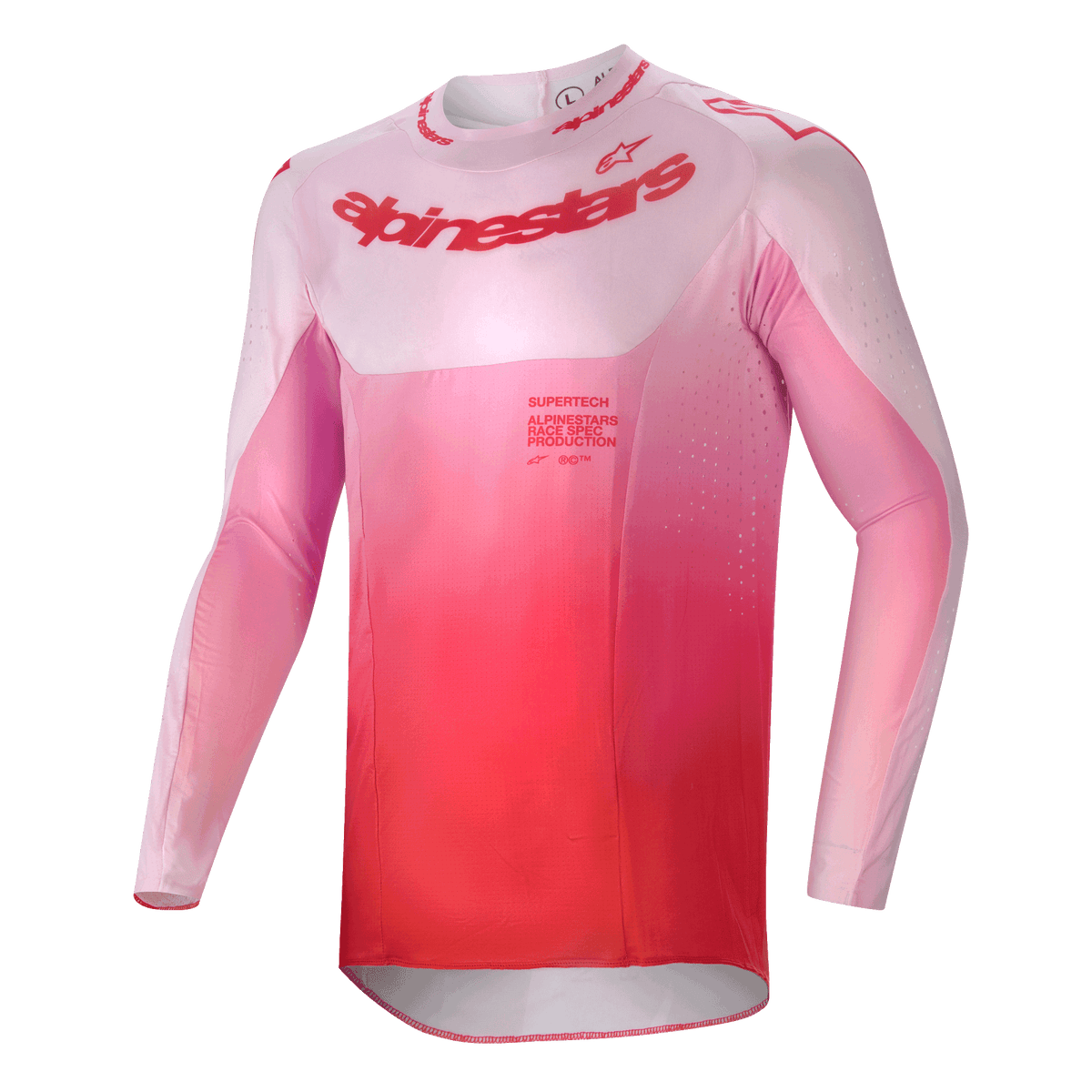 Alpinestars Maglia Supertech Dade 2024, maglia da motocross, Red Berry Lilac con sfumatura dal rosa al rosso, vestibilità atletica a maniche lunghe con fori di ventilazione tagliati al laser e logo sul petto, abbigliamento tecnico per fuoristrada