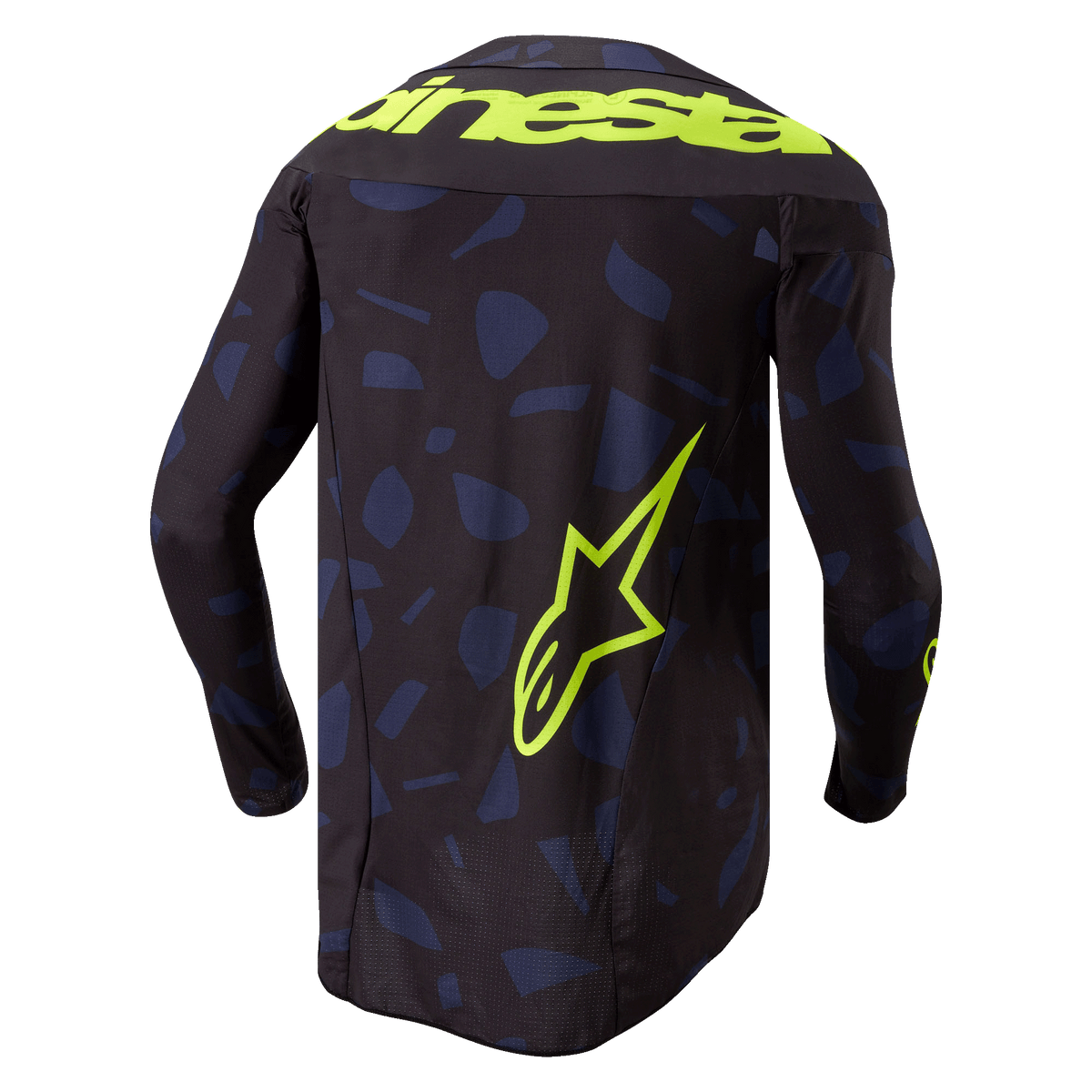 Maglia Alpinestars Techstar Rantera 2024, maglia da motocross, nero, blu navy e giallo fluo, vista posteriore, con motivo geometrico blu navy su base nera, vistosa scritta Alpinestars giallo fluo sulle spalle e grande logo a stella sulla parte inferiore della schiena, abbigliamento tecnico a maniche lunghe per competizioni fuoristrada
