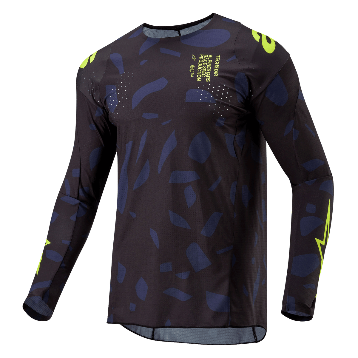 Alpinestars Maglia Techstar Rantera 2024, maglia da motocross, nero, blu navy e giallo fluo, vestibilità atletica a maniche lunghe con motivo astratto, logo e scritte in giallo fluo, progettata per prestazioni fuoristrada