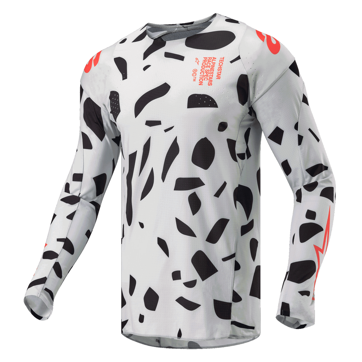 Alpinestars Maglia Techstar Rantera 2024, maglia da motocross, camouflage grigio con forme astratte nere e accenti arancioni, maniche lunghe, abbigliamento tecnico da gara fuoristrada