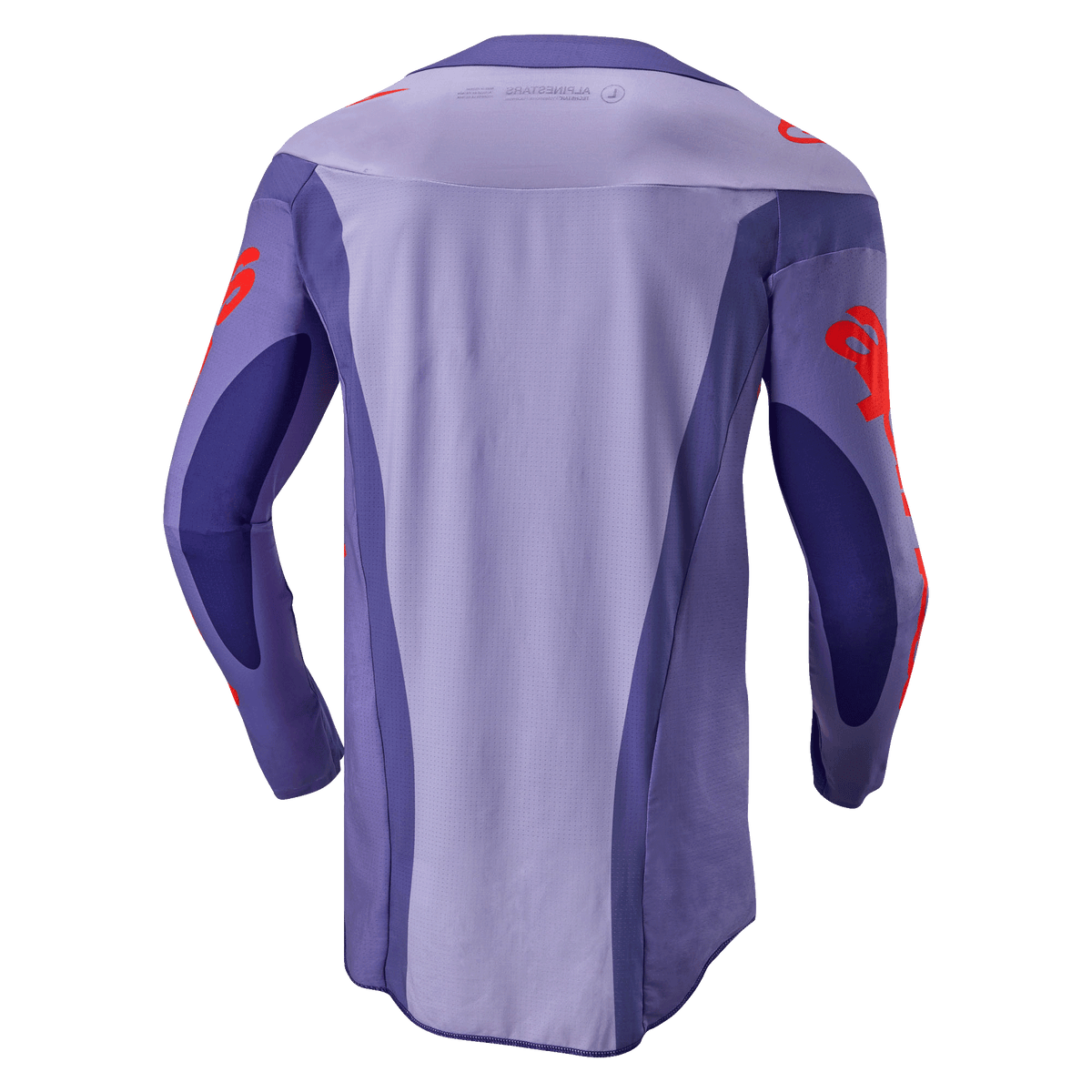Alpinestars Techstar Ocuri Jersey 2024, maglia da motocross, viola e arancione acceso, vista posteriore con design multi-pannello viola e grafiche del logo arancioni su maniche e spalle, parte posteriore allungata per prestazioni nel fuoristrada.