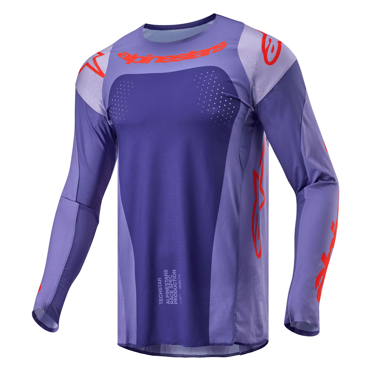 Alpinestars 2024 Techstar Ocuri Jersey, maglia da motocross, viola e arancione acceso, vestibilità atletica a maniche lunghe con traforature tagliate al laser, loghi arancioni su petto e maniche, tessuto traspirante per gare fuoristrada