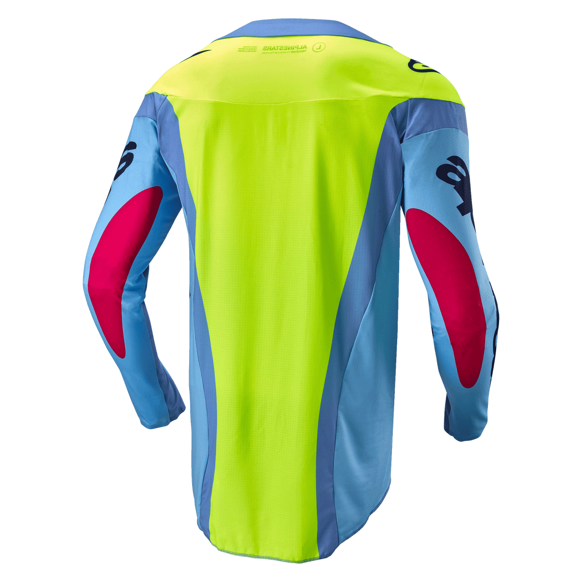 Alpinestars Maglia Techstar Ocuri 2024, maglia da motocross, azzurro, giallo fluo e rosso berry, vista posteriore con pannello giallo neon brillante, maniche azzurre con accenti rosso berry, vestibilità atletica ergonomica per prestazioni fuoristrada