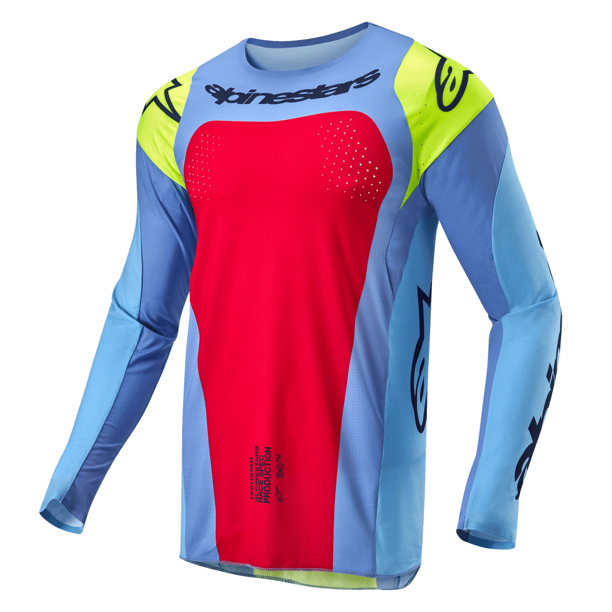 Alpinestars Techstar Ocuri Jersey 2024, maglia da motocross, azzurro con dettagli Red Berry e Giallo Fluo, loghi neri e traforatura al laser per la ventilazione, vestibilità atletica per prestazioni off-road