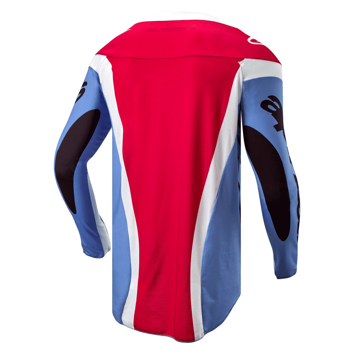 Alpinestars Techstar Ocuri Jersey 2024, maglia da motocross, azzurro, rosso Marte e bianco, vista posteriore che mostra la vestibilità atletica da gara, parte posteriore allungata e grafiche nere sulle maniche
