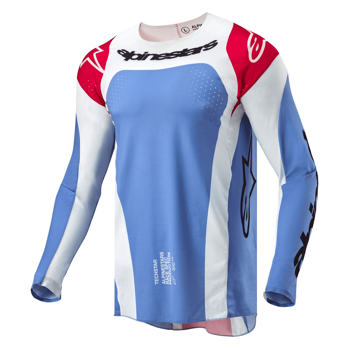 Alpinestars 2024 Techstar Ocuri Jersey, maglia da motocross, azzurro, rosso Marte e bianco, con scritta Alpinestars nera sul petto, spalle rosse con loghi bianchi e perforazioni tagliate al laser per la ventilazione