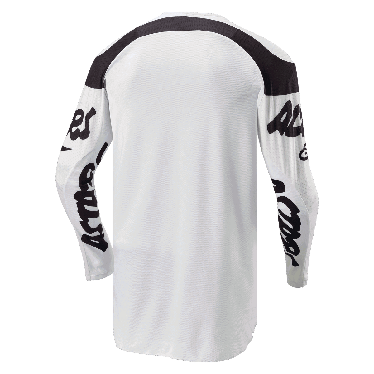 Maglia Alpinestars Racer Hana 2024, maglia da motocross, bianco e nero, vista posteriore con parte posteriore allungata per una maggiore copertura, pannelli neri sulle spalle e loghi neri sulle maniche, tessuto traspirante e resistente per prestazioni fuoristrada