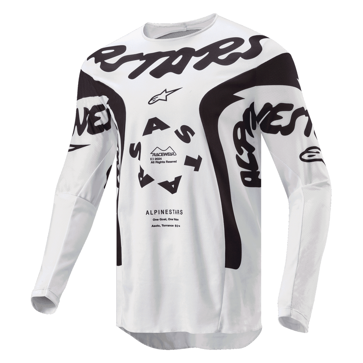 Alpinestars 2024 Racer Hana Jersey, maglia da motocross, bianco e nero, con vistoso marchio Alpinestars nero sul petto, logo ASTARS circolare e pannelli in rete tecnica per prestazioni fuoristrada