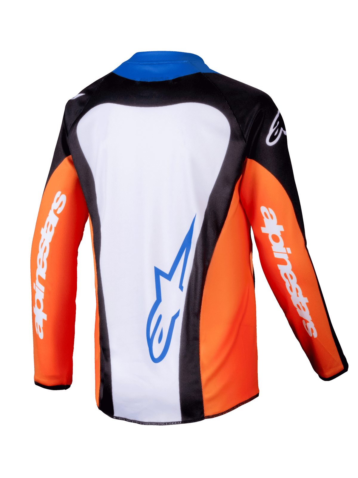 Alpinestars Youth Racer Melt Jersey 2025, maglia da motocross, arancione, blu e bianco, vista posteriore con pannello bianco e logo blu, maniche arancioni con branding bianco, design ergonomico per ragazzi
