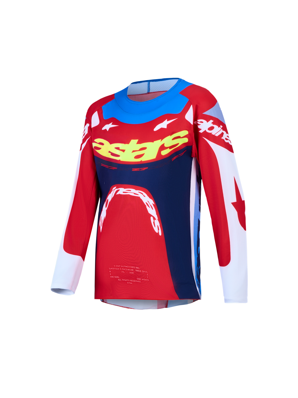 Alpinestars Youth Supertech Dyna Jersey, Red and Navy Blue Motocross racing top with pro-level stretch mesh and athletic fit.
