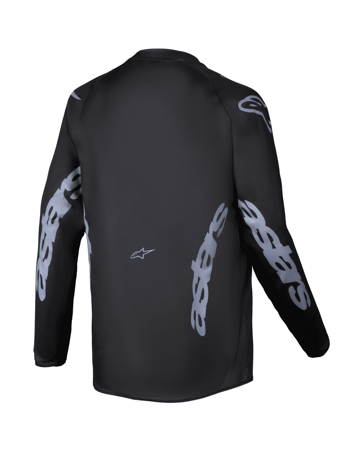 Maglia Alpinestars Youth Racer Graphite 2025, vista posteriore, nero e grigio, maglia da motocross a maniche lunghe con branding Alpinestars grigio su maniche e fianchi, tessuto traspirante con taglio posteriore allungato per la guida off-road