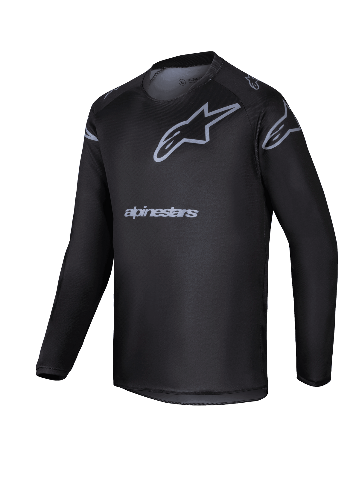Alpinestars 2025 Youth Racer Graphite Jersey, maglia da motocross a maniche lunghe nera e grigia, con logo a stella grigio e nome del brand, abbigliamento tecnico leggero per ragazzi per guida fuoristrada