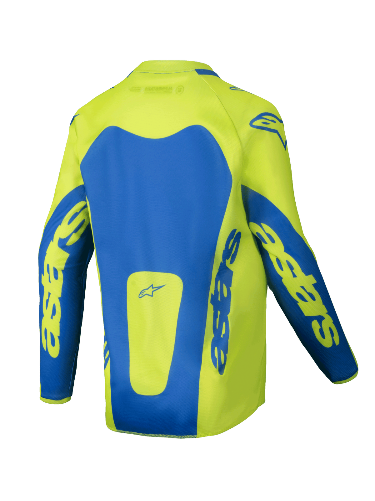 Alpinestars Maglia Youth Racer Veil 2025, maglia da motocross, giallo fluo e blu, vista posteriore con ampi pannelli blu e branding Astars sulle maniche, taglio posteriore allungato per maggiore copertura, tessuto leggero traspirante per corse fuoristrada