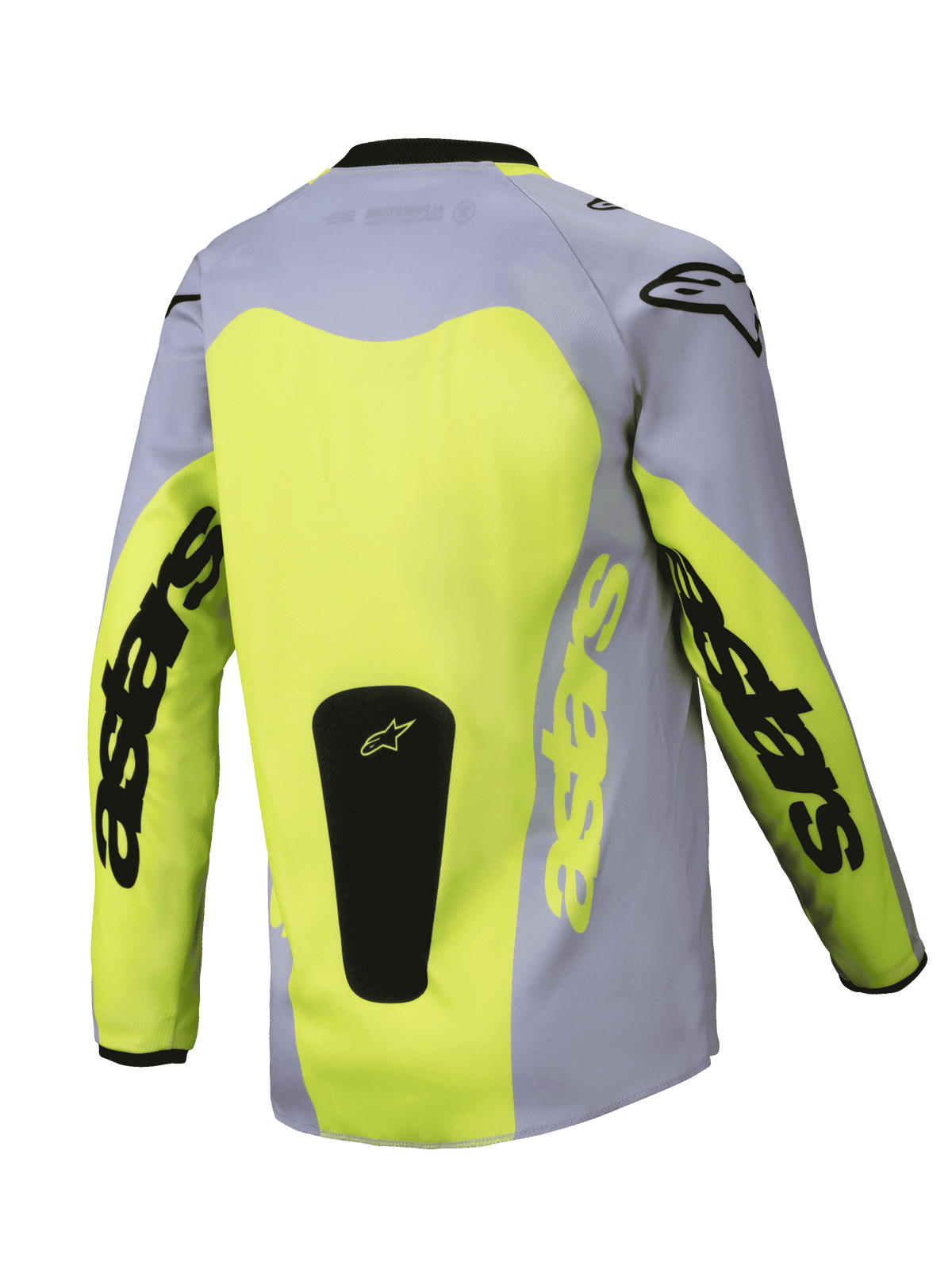 Alpinestars Maglia Youth Racer Veil 2025, vista posteriore, grigio e giallo fluo, con un ampio pannello posteriore giallo e branding Astars sulle maniche, patch con logo nero alla base, abbigliamento da motocross leggero per la guida off-road