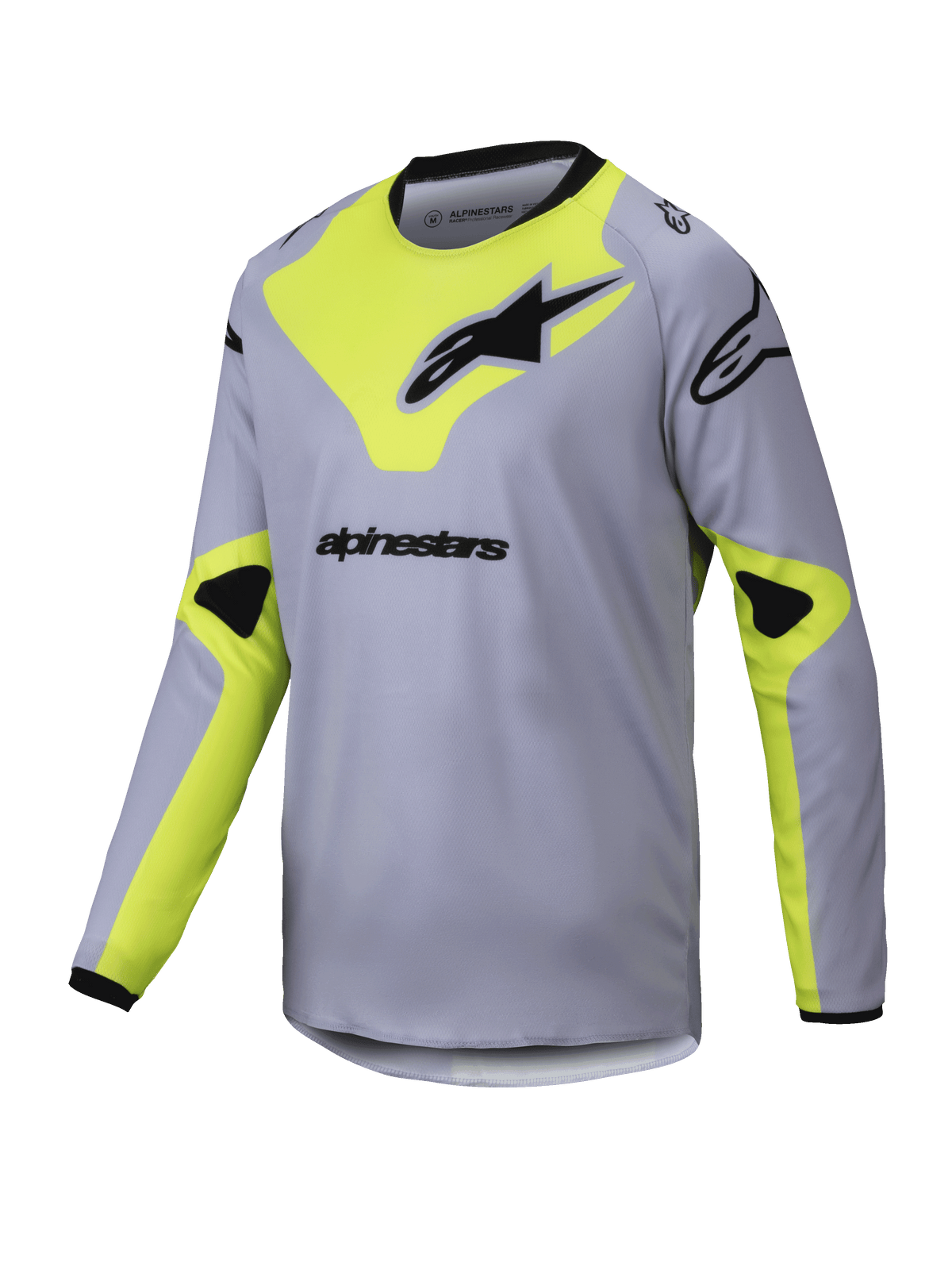 Alpinestars 2025 Youth Racer Veil Jersey, maglia da motocross a maniche lunghe per ragazzi, grigio e giallo fluo, loghi neri, tessuto leggero e traspirante, collo e polsini neri, design geometrico