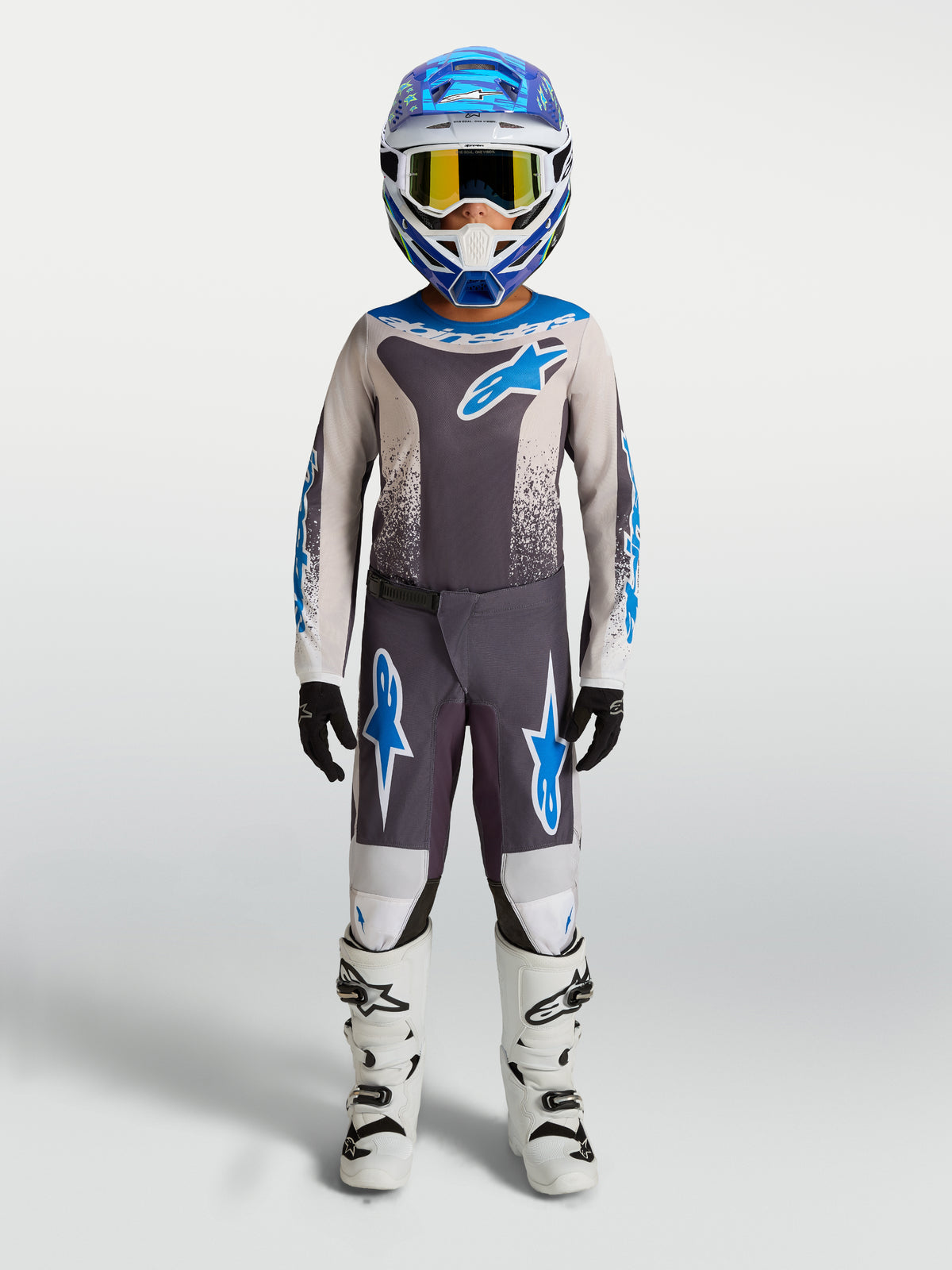 Alpinestars Ragazzo Fluid Drag Gear Set e Maglia, completo motocross per ragazzi, grigio e blu, per performance fuoristrada.