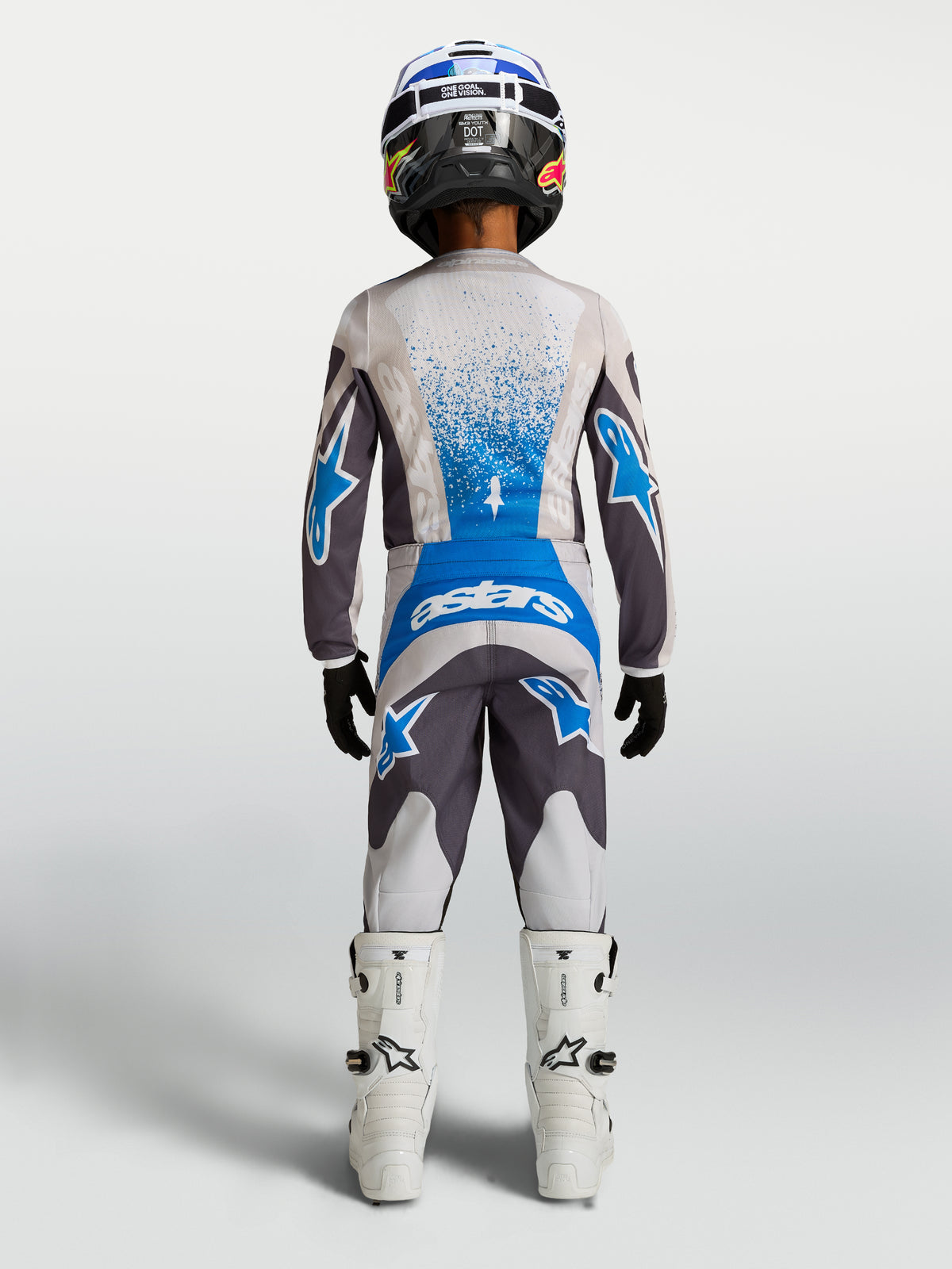 Alpinestars Ragazzo Fluid Drag Gear Set 2027, completo da motocross traspirante grigio e blu, in tessuto, vista posteriore