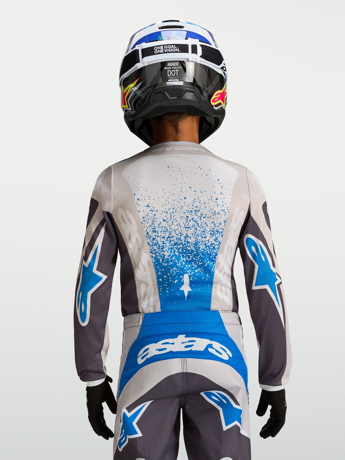 Alpinestars Maglia Fluid Drag Ragazzo, maglia motocross per ragazzo, grigio e blu, in tessuto tecnico traspirante, vista posteriore