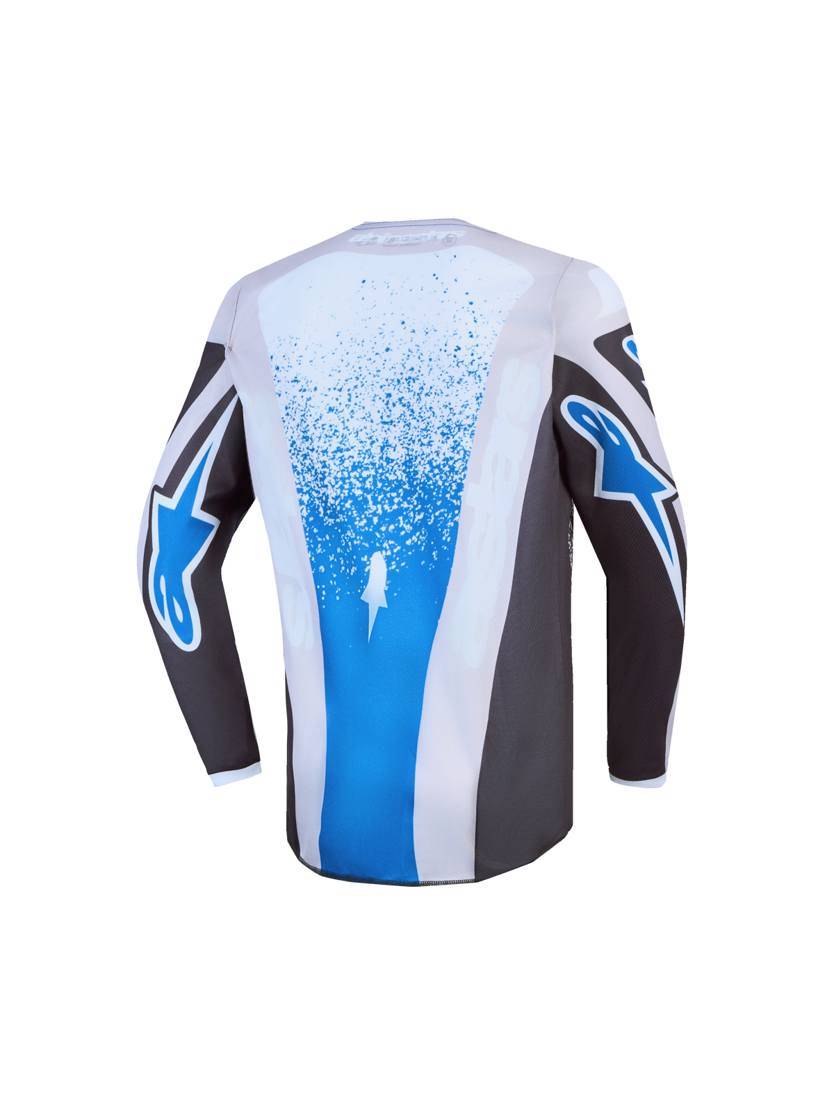 Alpinestars Maglia Fluid Drag Ragazzo 2027, maglia da motocross grigia e blu, schiena allungata per comfort in gara.