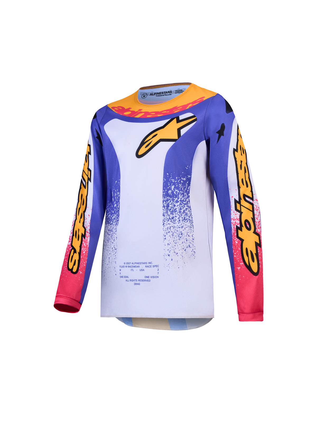 Alpinestars Youth Fluid Drag Jersey, motocross jersey for youth, blue and gold with white, moisture-wicking polyfabric.