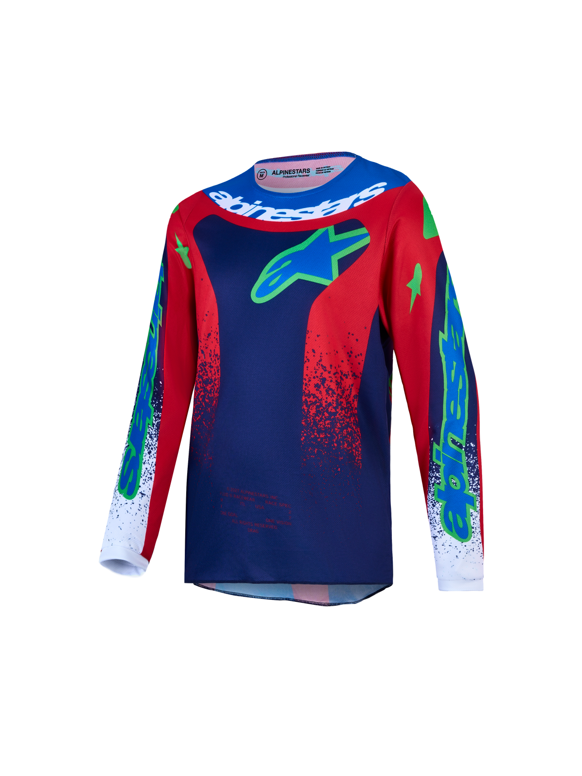 Alpinestars 2027 Youth Fluid Drag Jersey, Motocross, Youth, Blue Navy and Fire Red, breathable moisture-wicking textile.