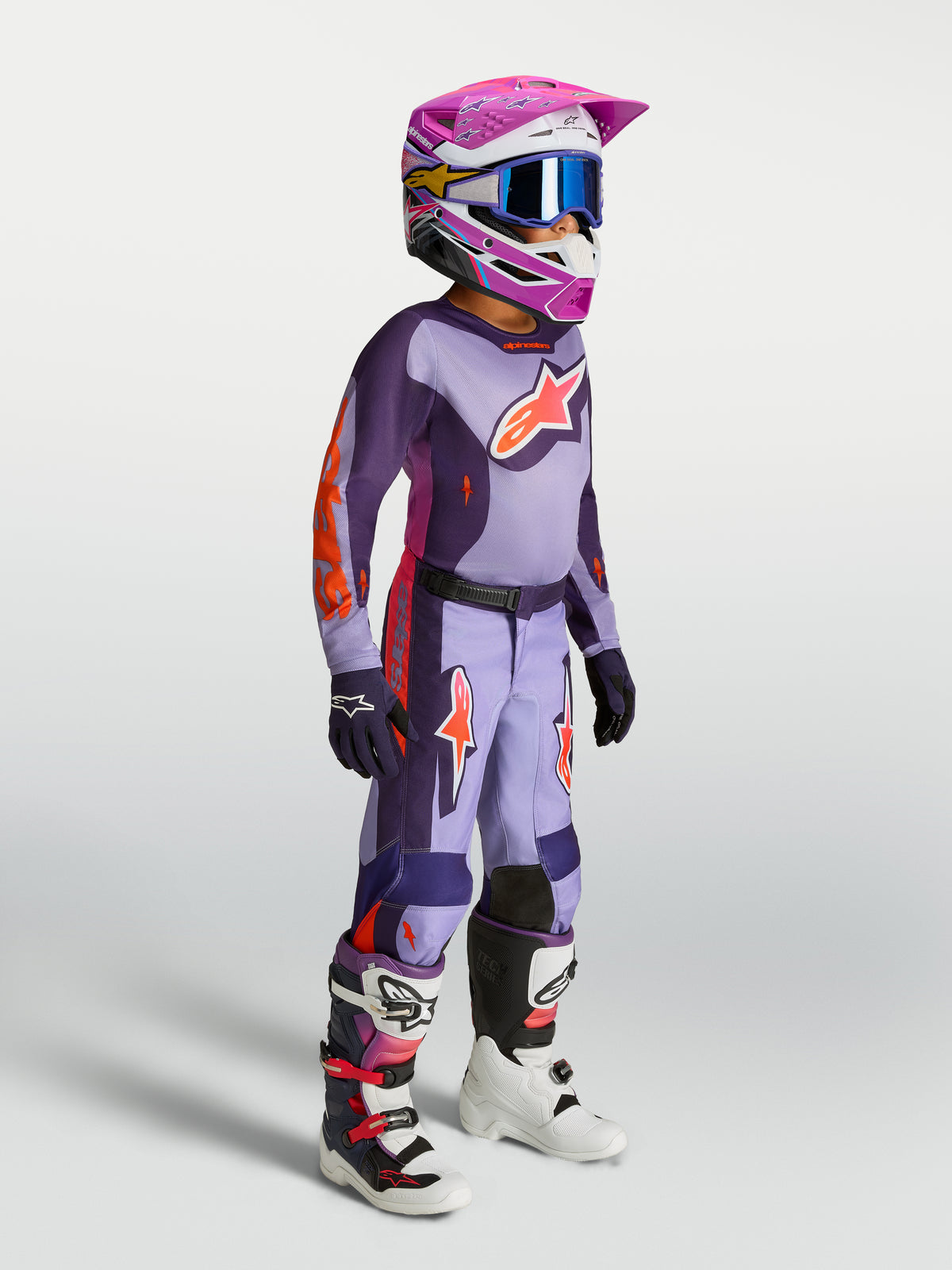 Alpinestars Ragazzo Fluid Hunt Gear Set 2027, maglia e pantaloni da motocross viola e rosa fluo, per fuoristrada