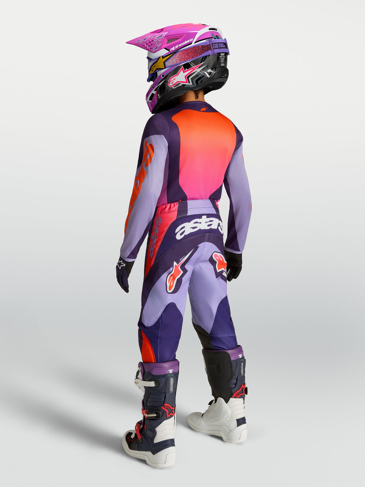 Alpinestars Maglia Fluid Hunt Ragazzo 2027 e Gear Set, completo motocross viola e rosa fluo, vista posteriore