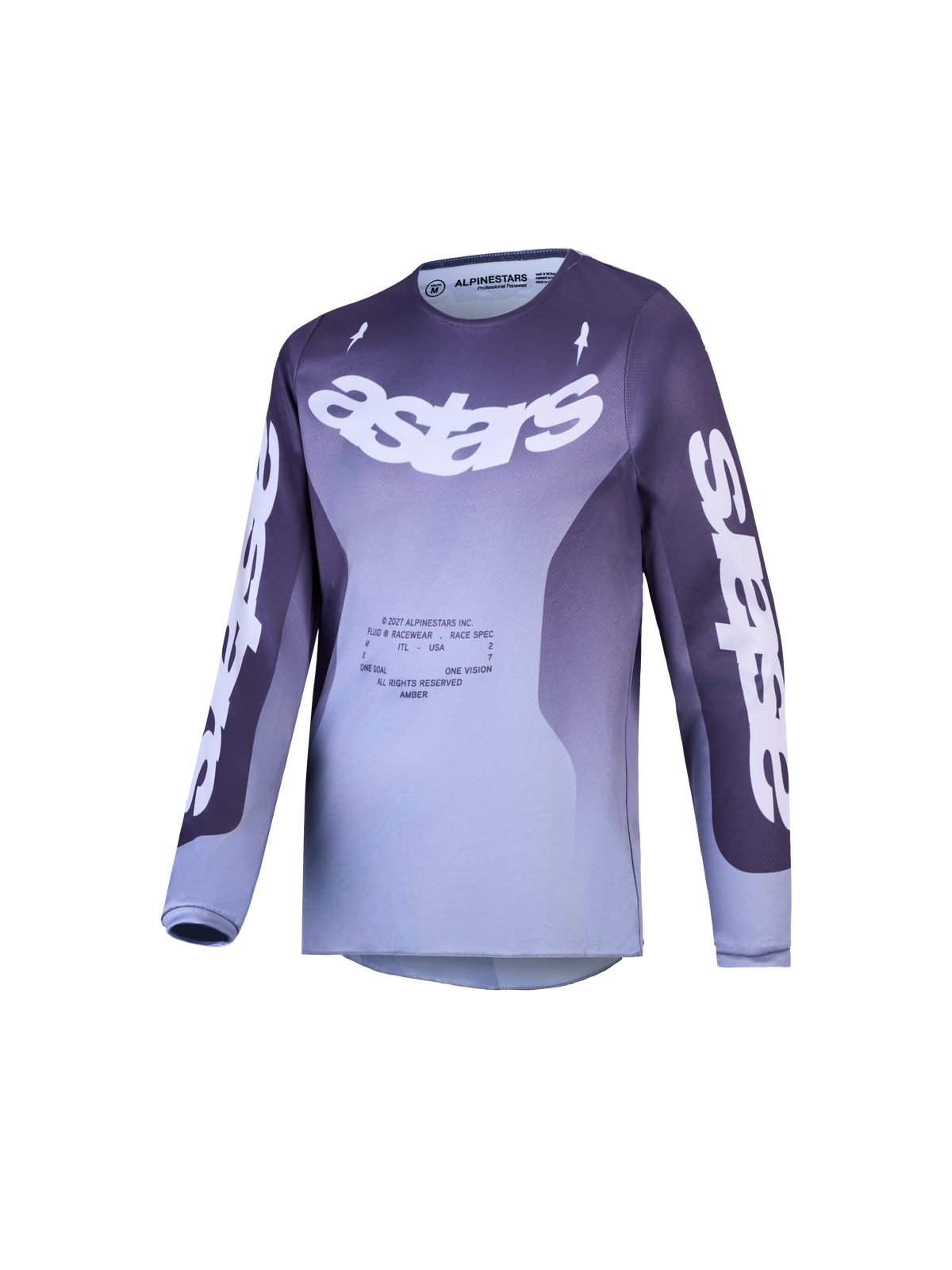 Alpinestars Youth Fluid Amber Jersey, lilac and gray motocross top with breathable polyfabric and white branding.