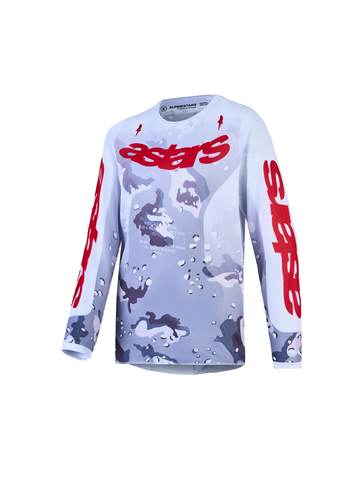 Alpinestars Youth Fluid Lone Jersey, gray camo and fire red motocross top featuring breathable, moisture-wicking polyfabric.