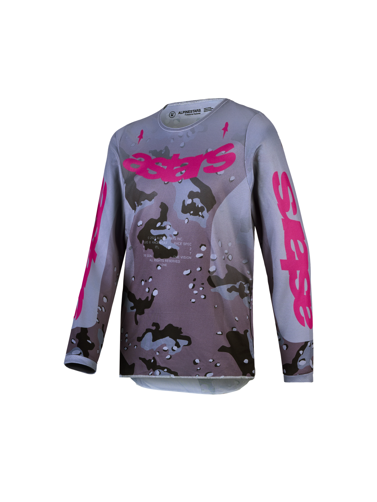 Alpinestars Maglia Fluid Lone Ragazzo 2027, maglia da motocross per ragazzi, grigio camouflage e viola, tessuto traspirante.