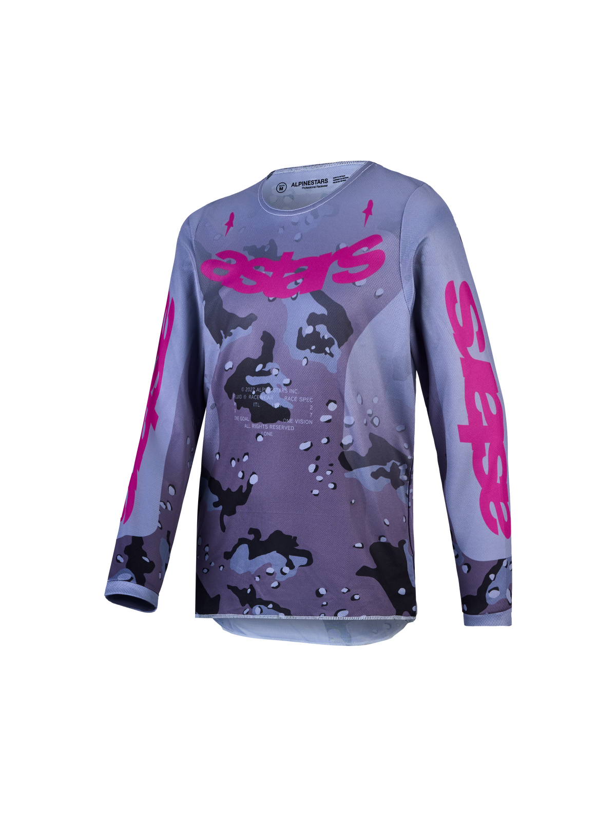 Alpinestars Youth Fluid Lone Jersey, youth motocross racing jersey, gray camo and purple, breathable moisture-wicking polyfabric.