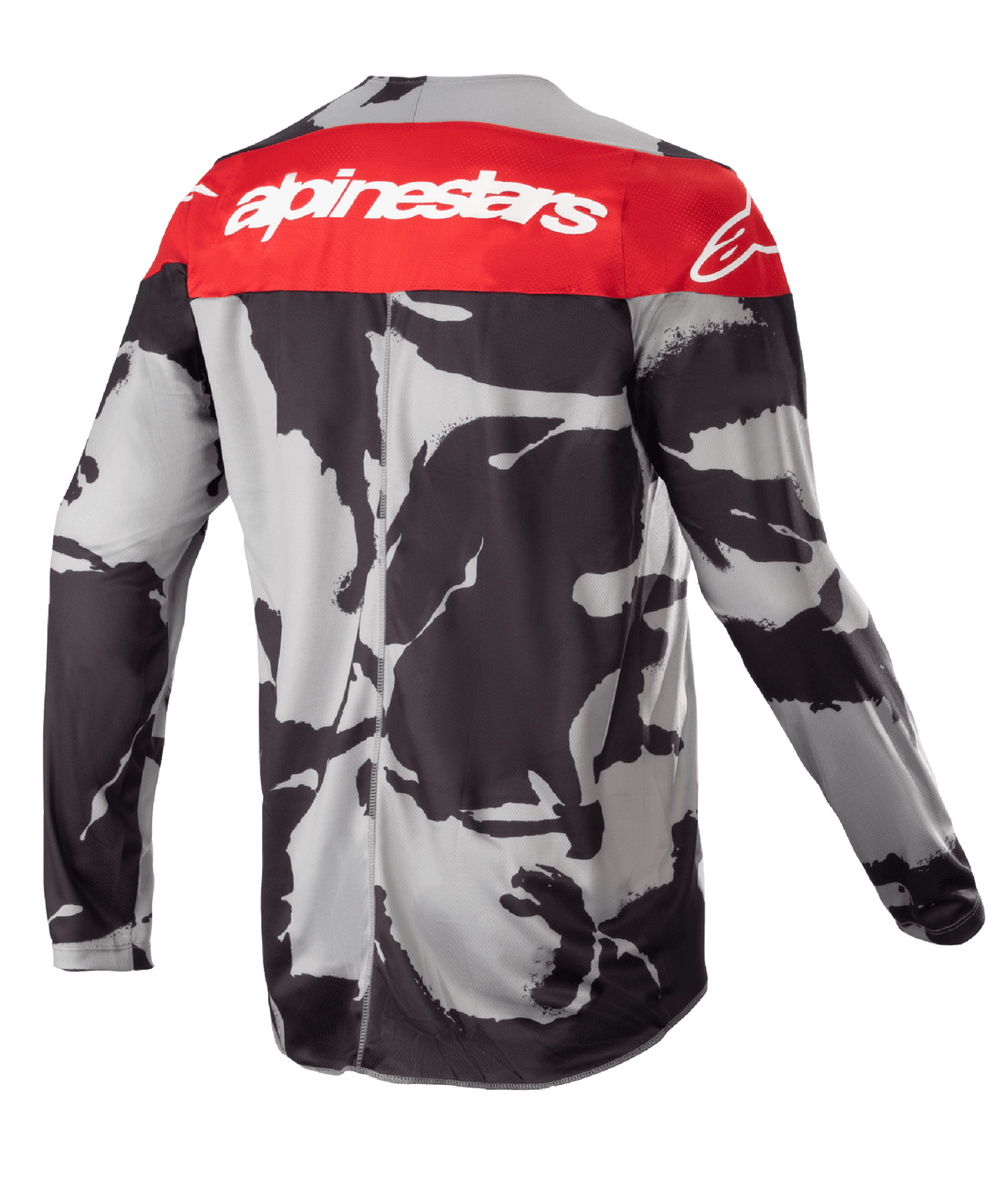 Alpinestars Youth 2023 Racer Tactical Jersey, maglia da motocross, grigio mimetico e rosso Mars, vista posteriore con pannello sulle spalle rosso e logo Alpinestars bianco, motivo mimetico astratto nero e grigio, abbigliamento leggero e traspirante per corse off-road