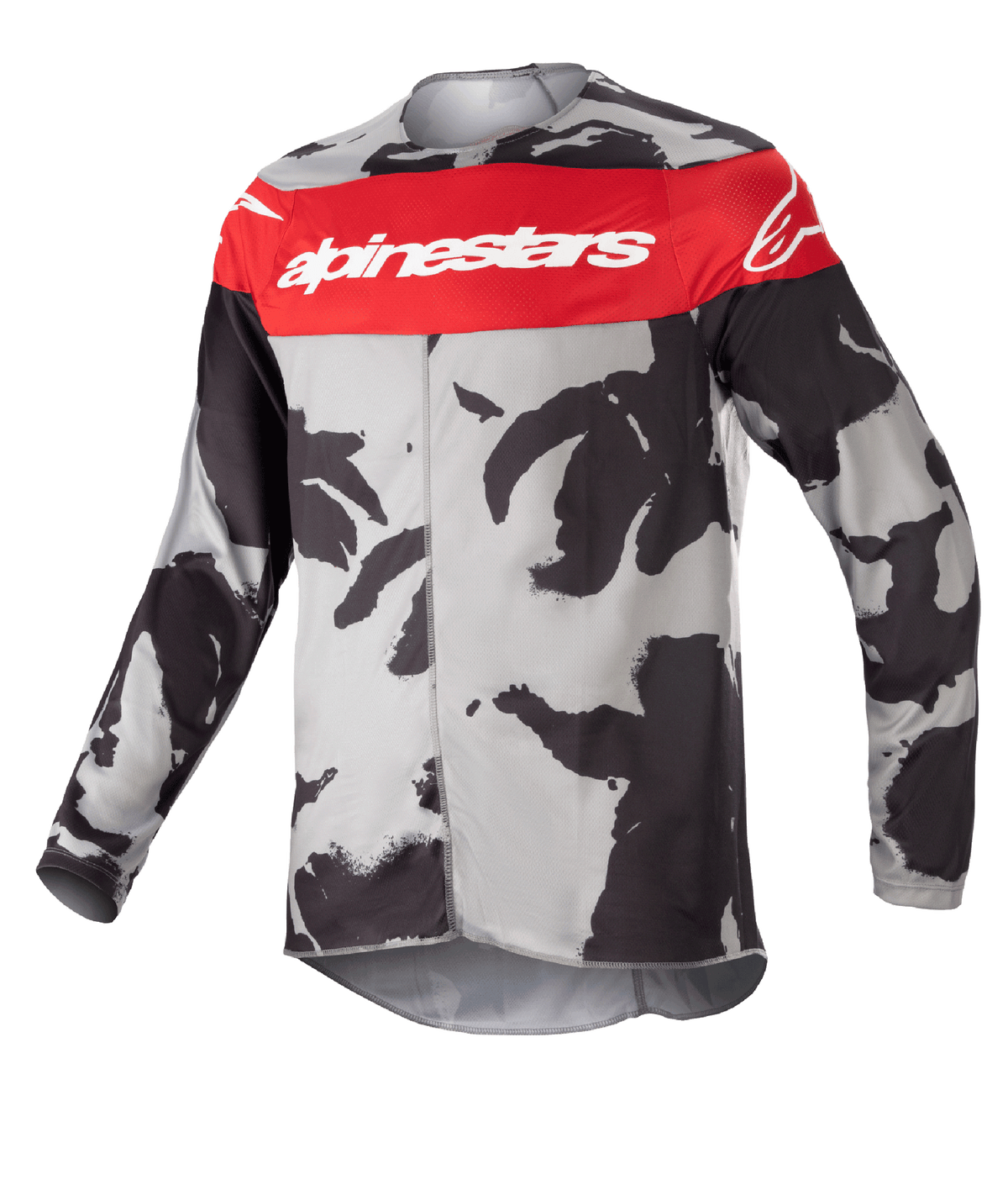 Alpinestars Youth 2023 Racer Tactical Jersey, maglia da motocross, Cast Gray Camo e Mars Red, con banda rossa orizzontale sul petto e logo Alpinestars bianco, pattern mimetico grigio e nero, tessuto leggero e traspirante per la guida fuoristrada