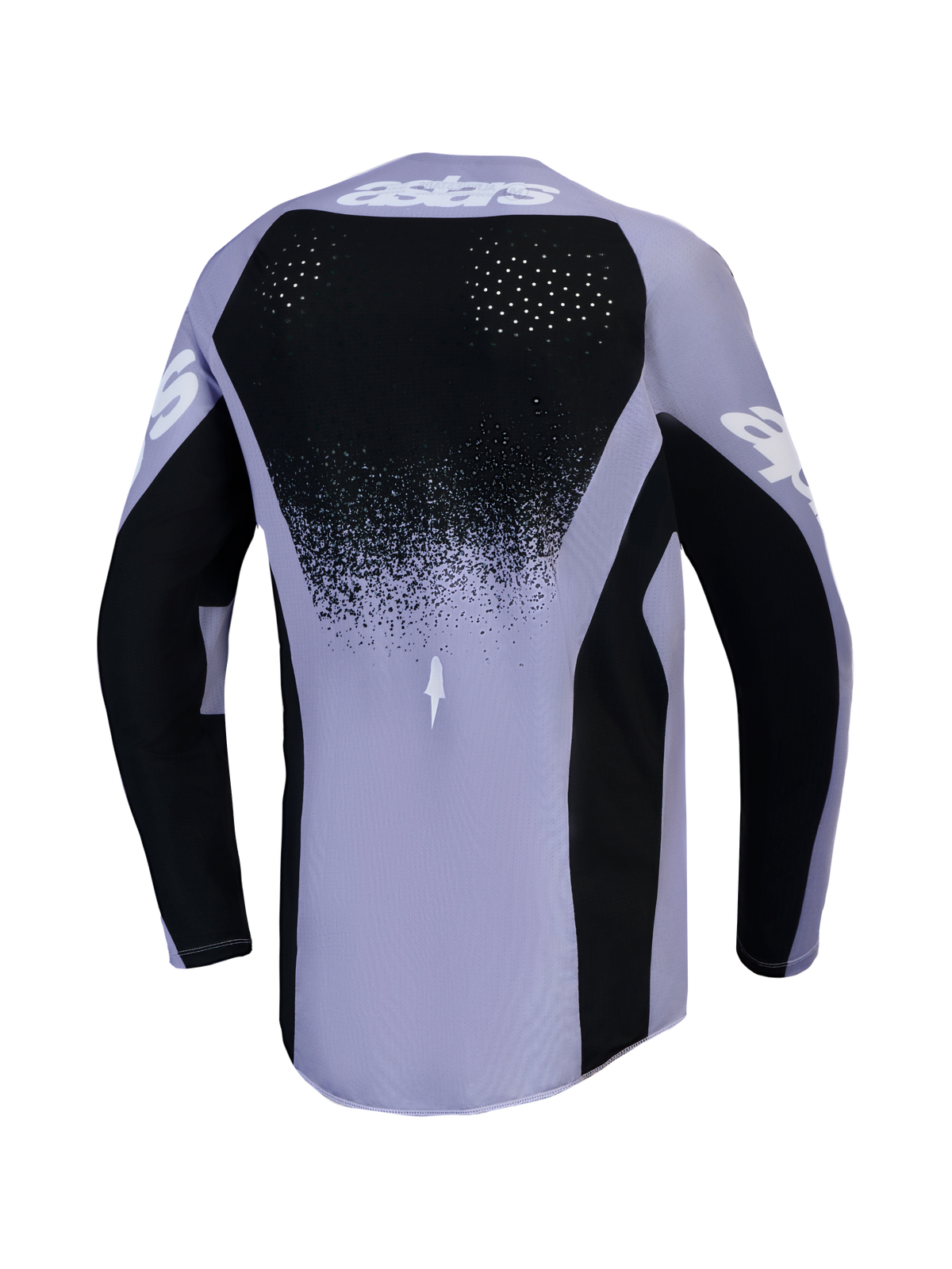 Alpinestars Maglia Stella Techstar Swan, maglia da motocross da donna, viola chiaro e nero, vista posteriore con fori di ventilazione tagliati al laser, ideale per il fuoristrada.