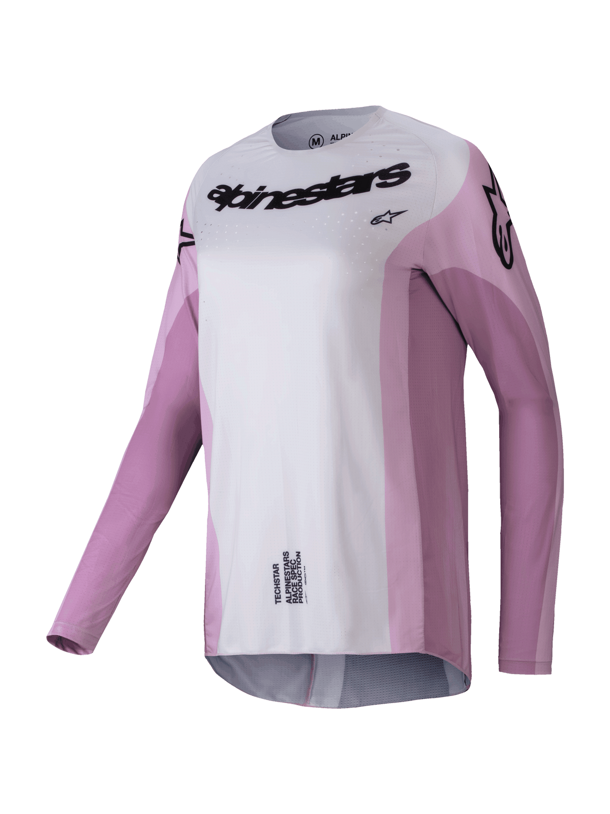Alpinestars Stella Techstar Melt Jersey 2025, maglia da motocross a maniche lunghe da donna, rosa cipria e grigio chiaro con loghi neri, perforazioni tagliate al laser per la ventilazione, abbigliamento tecnico sportivo