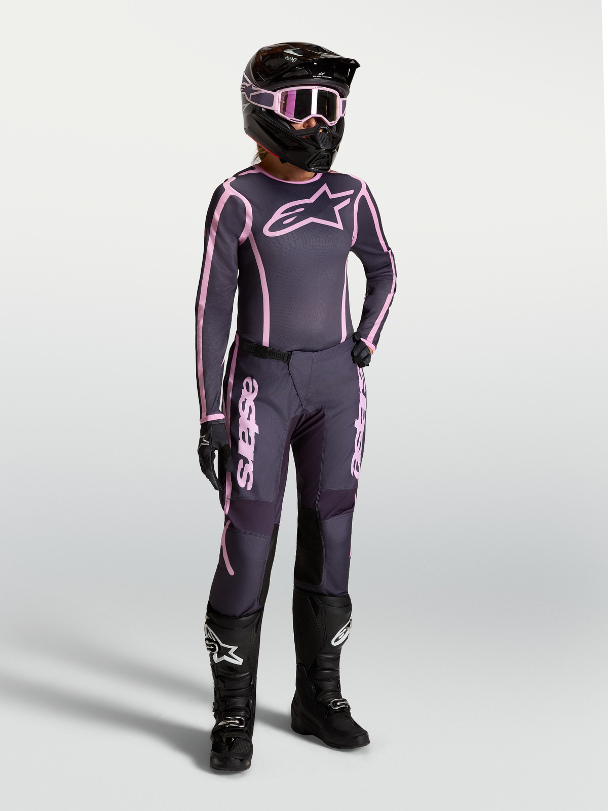 Alpinestars Pantaloni e Maglia Stella Fluid Apex V2, abbigliamento MX da donna, grigio e rosa, ideale per il fuoristrada.