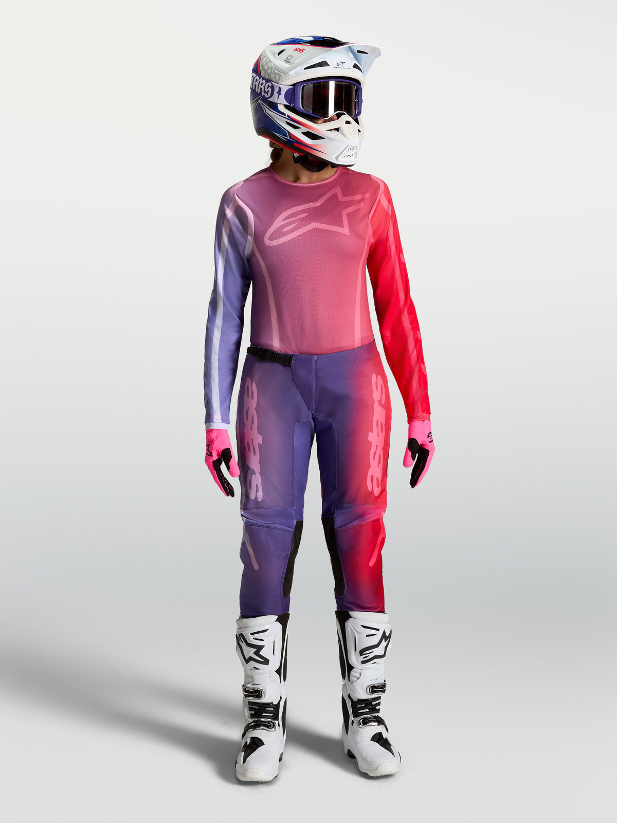 Alpinestars Stella Fluid Kepler Gear Set, completo motocross da donna, viola e rosso, maglia e pantaloni con design ergonomico per fuoristrada e MX.