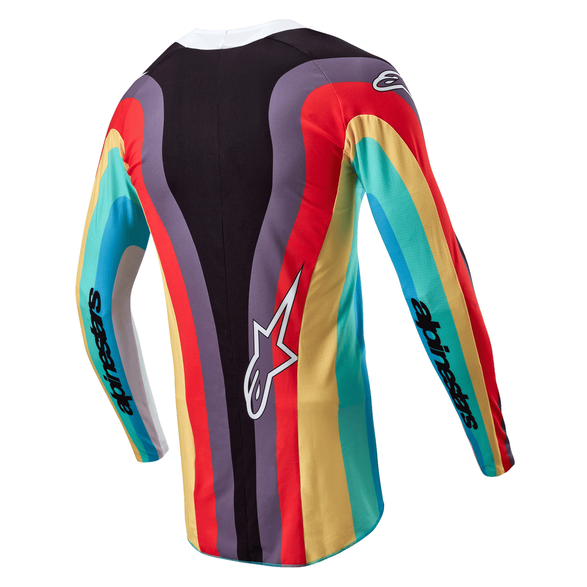 Maglia Alpinestars Stella Techstar Donna 2024, maglia da motocross, nero multicolore, vista posteriore con vivace motivo a onde in rosso, giallo e turchese, logo Astar bianco sulla parte inferiore della schiena e marchio Alpinestars sulle maniche.
