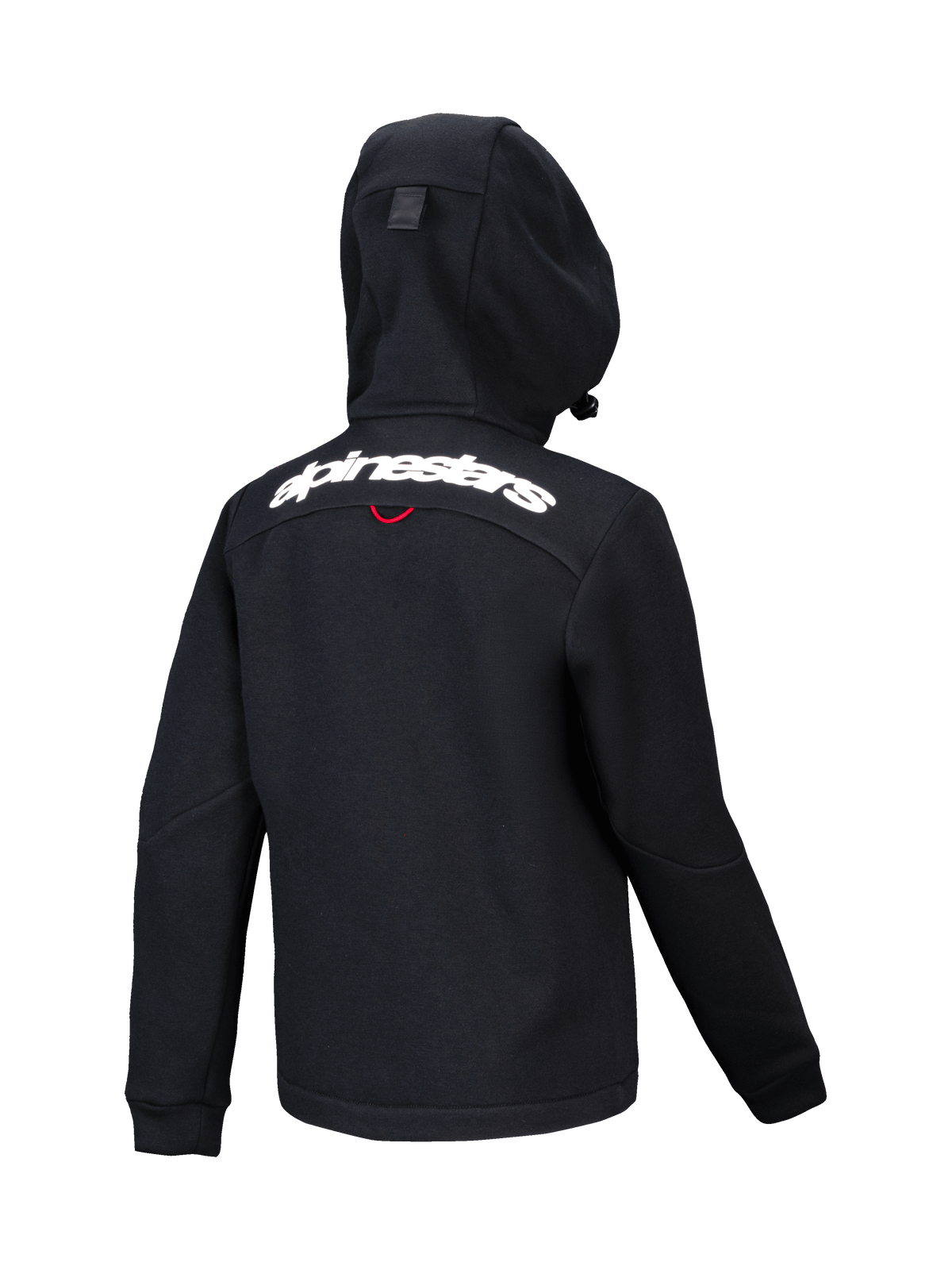 Alpinestars Youth Racer MX Fleece, felpa da motocross nera, vista posteriore con scritta Alpinestars bianca sulle spalle, pile strutturato con cappuccio compatto, design ergonomico per la guida fuoristrada