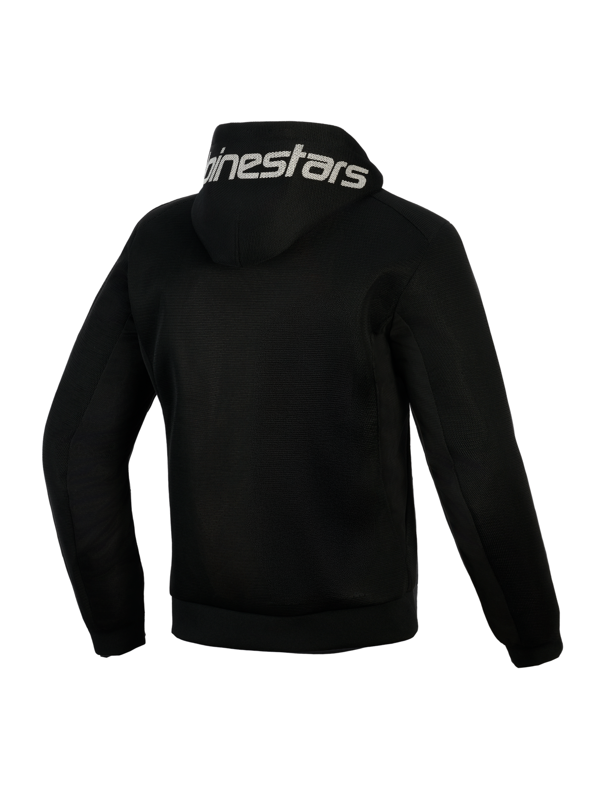 Felpa Alpinestars Chrome Superairflow, nero, vista posteriore, con marchio Alpinestars bianco sul cappuccio, costruzione integrale in mesh tecnico 3D per la ventilazione, abbigliamento protettivo da moto per climi caldi